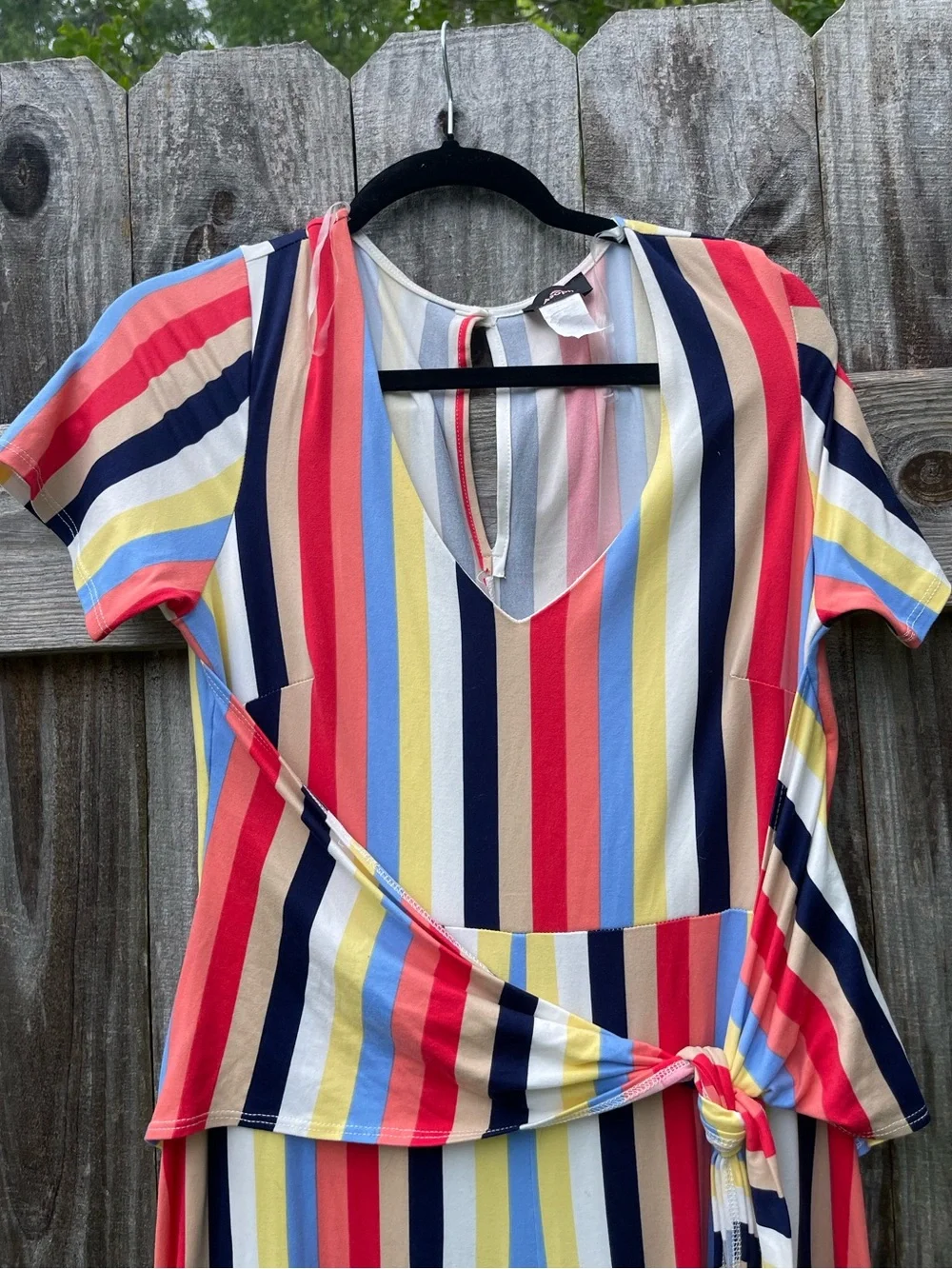 Striped Wrap-Front Short Sleeve Jumpsuit in Multi Color size 1X - Picture 2 of 10